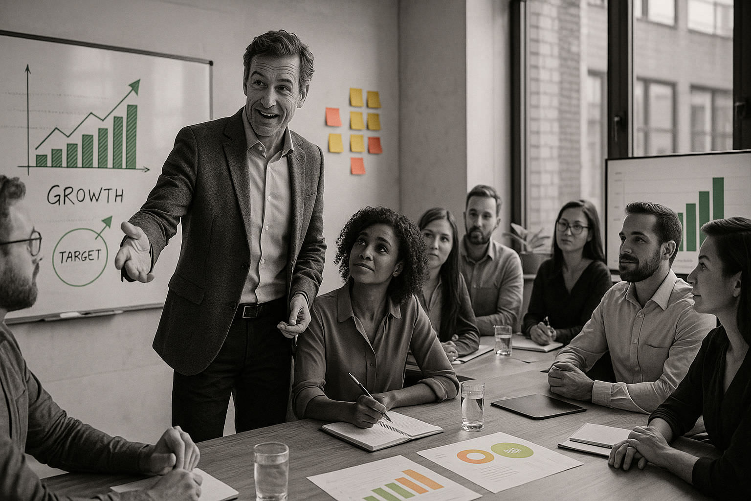 Manager inspirant dirigeant son équipe avec confiance et charisme en situation de leadership