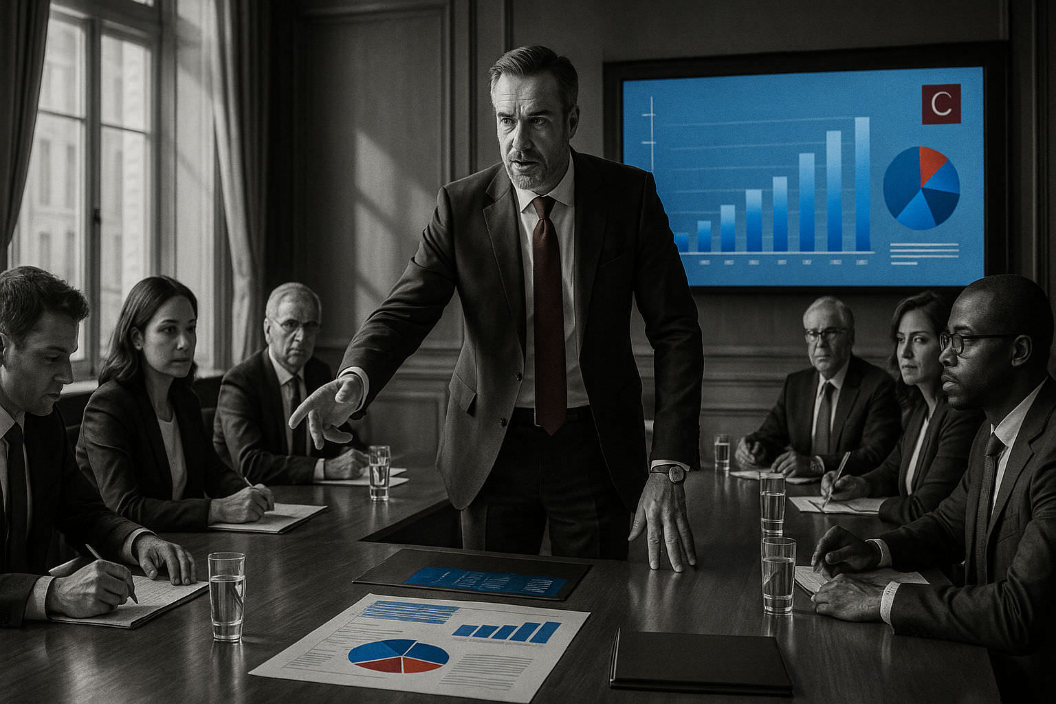 An executive in a strategic meeting analyzing performance data