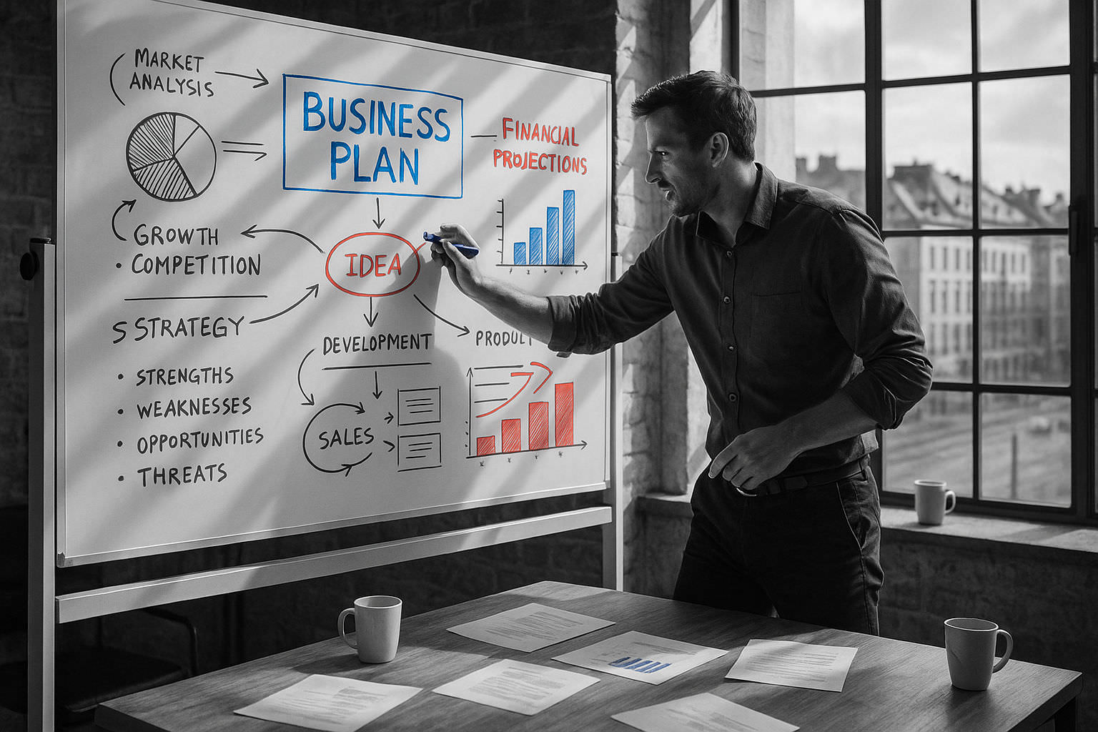 Entrepreneur working on his business plan and commercial strategy