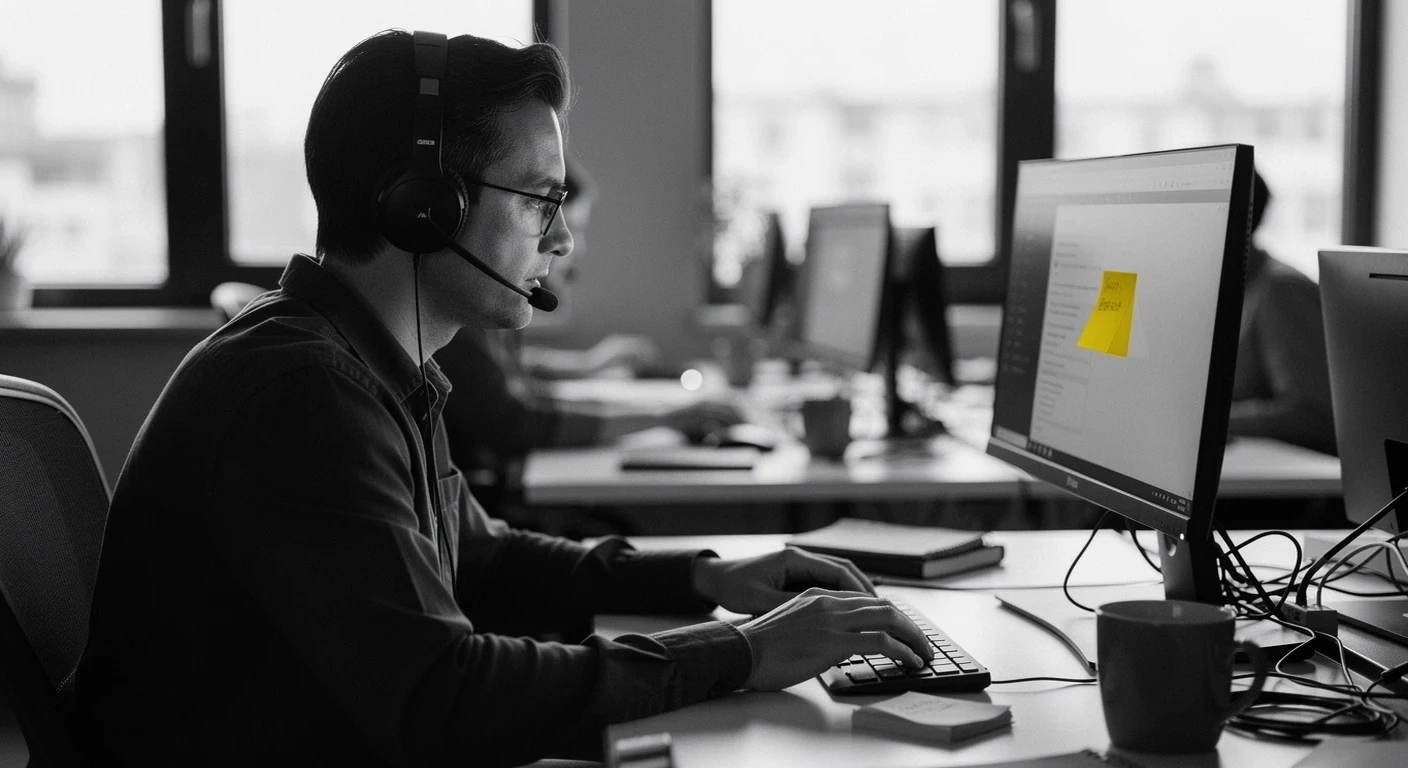 Attentive remote worker at glowing desk screen