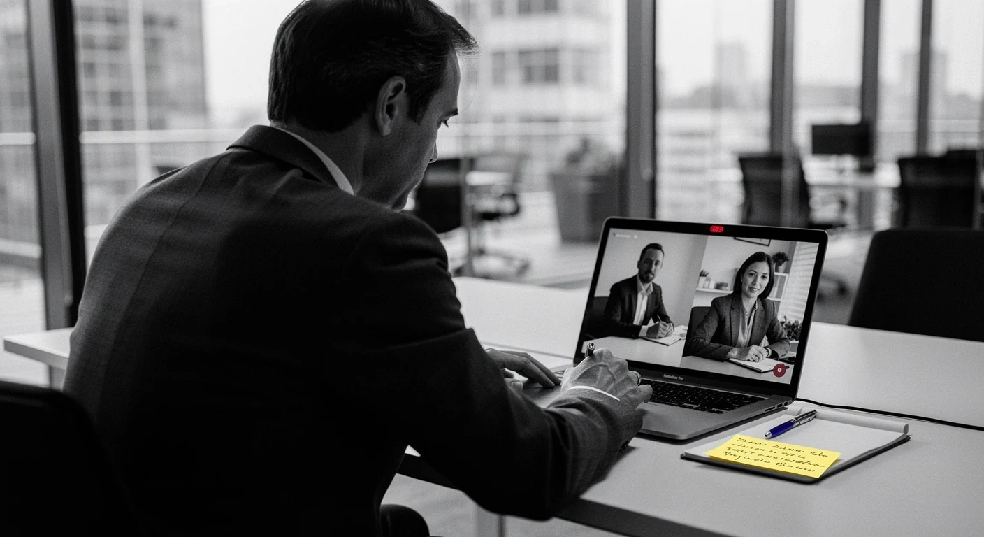 Candidate in virtual assessment center interview over shoulder