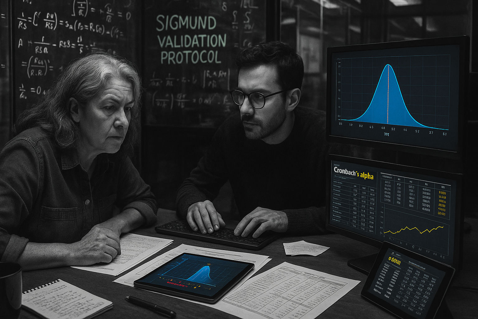 Psicólogo validando científicamente un test de reclutamiento con datos estadísticos