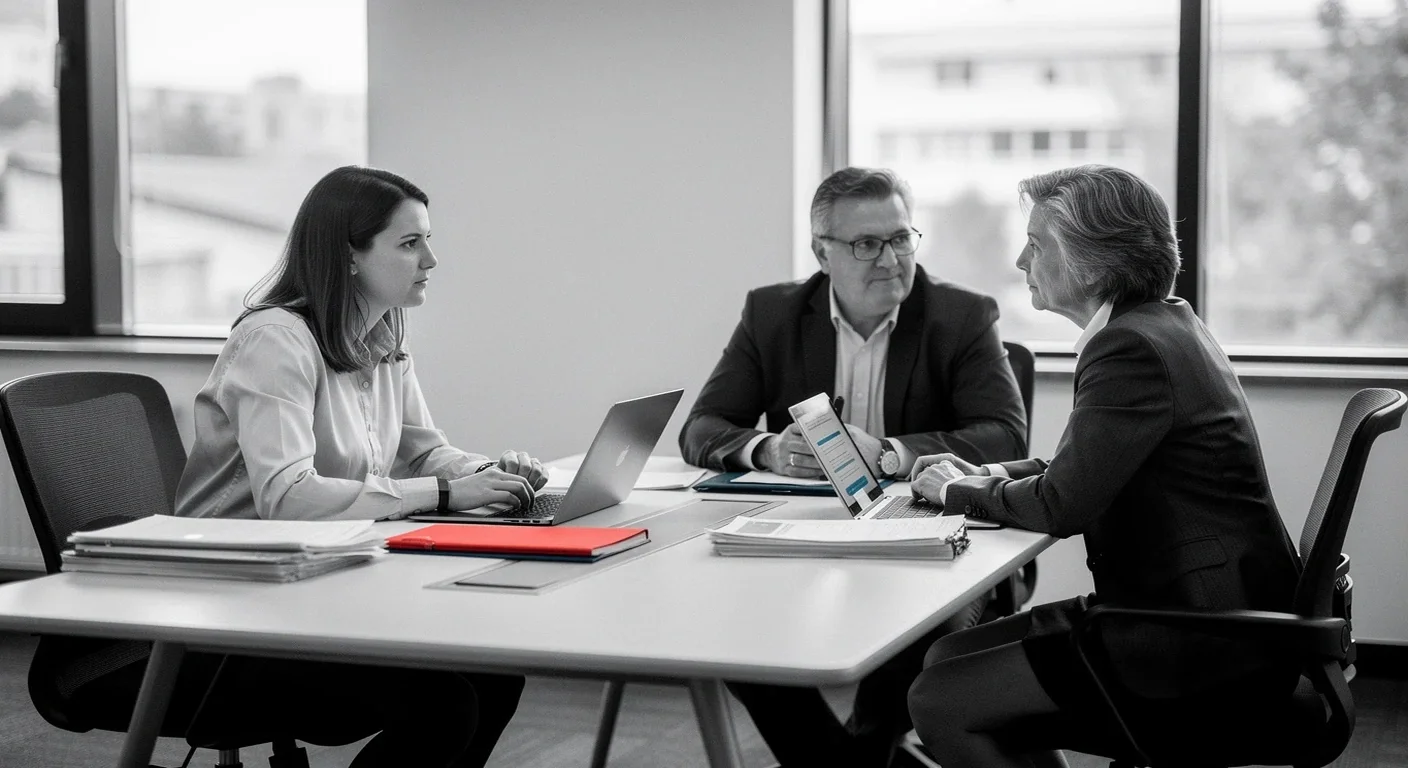 Equipe RH en strategie collaborative Equipe RH discutant strategie effectifs autour table conference