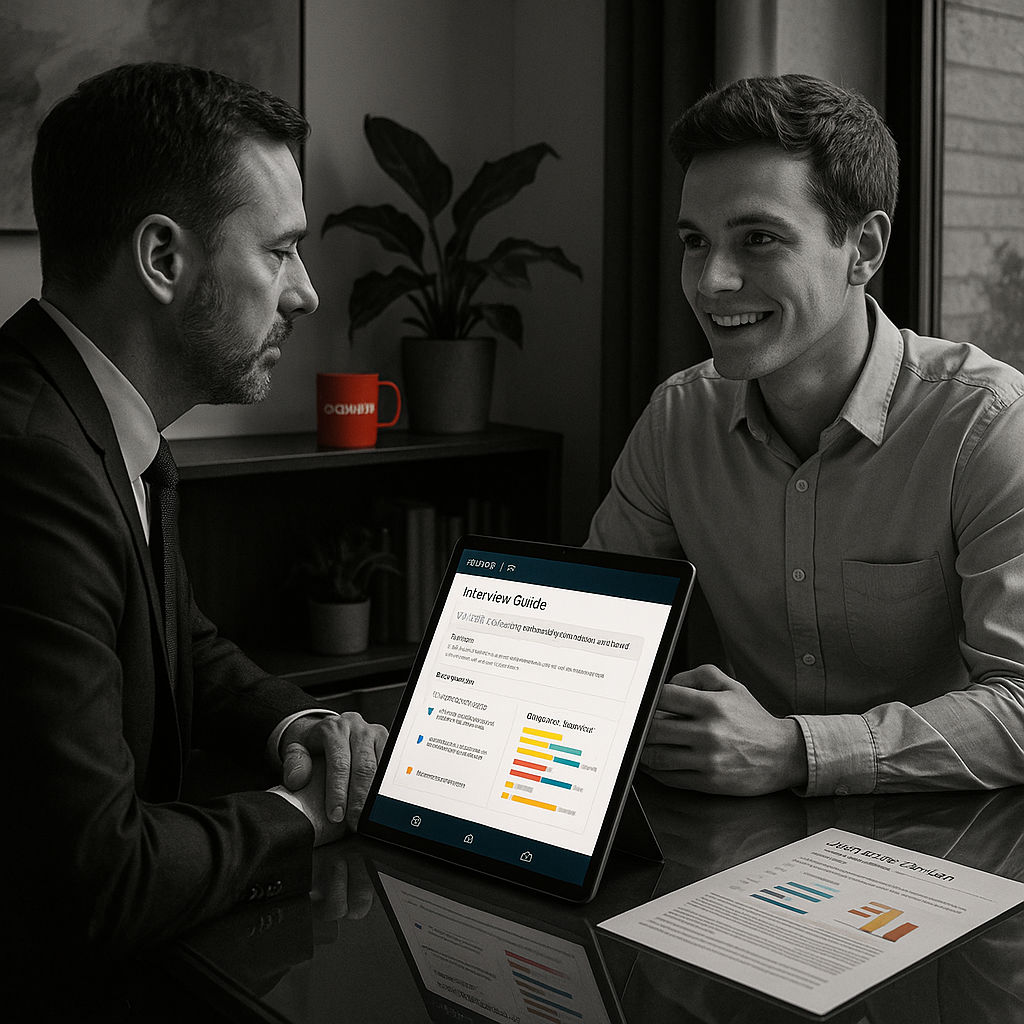 Guides d'entretien générés par IA Un RH menant un entretien avec l'aide d'une IA