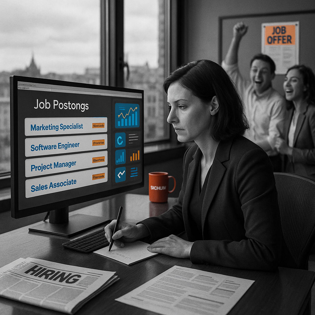 A screen with different job postings